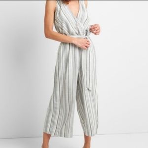 GAP Striped Wrap Jumpsuit in White and Light Gray
